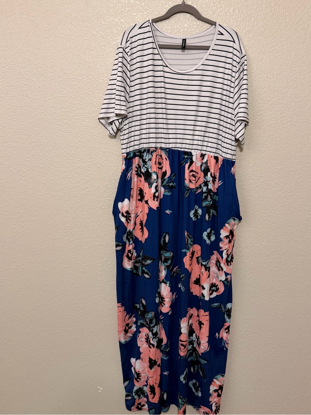 Navy Floral & White Striped Maxi Dress